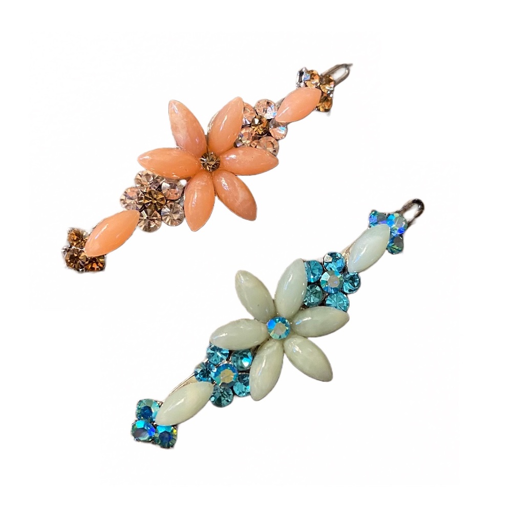 Floral Crystal Barrette Set - Peach & Mint Hair Clips